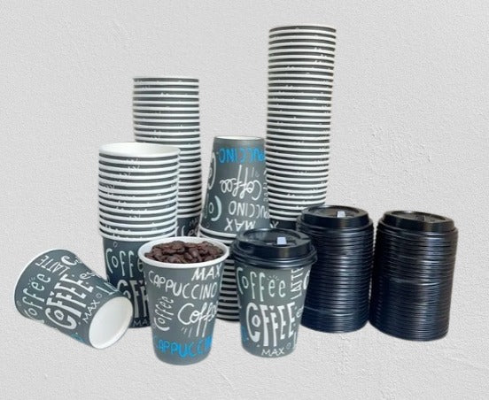 12oz Disposable Paper Coffee Cups with Lids, Graphic Printed, with Lid (50 Pack)