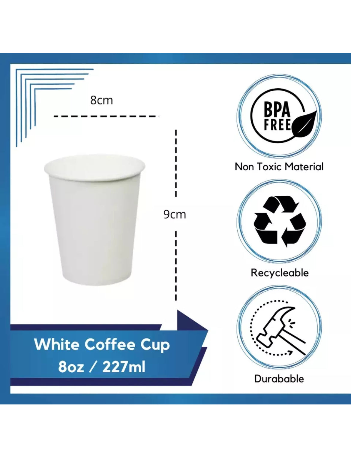 Disposable coffee Cups White 8oz Double Wall Paper Cups (Pack 50)