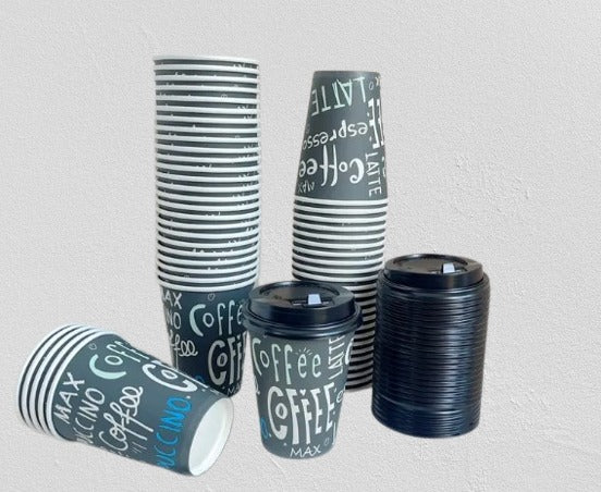 12oz Disposable Paper Coffee Cups with Lids, Graphic Printed, with Lid (50 Pack)