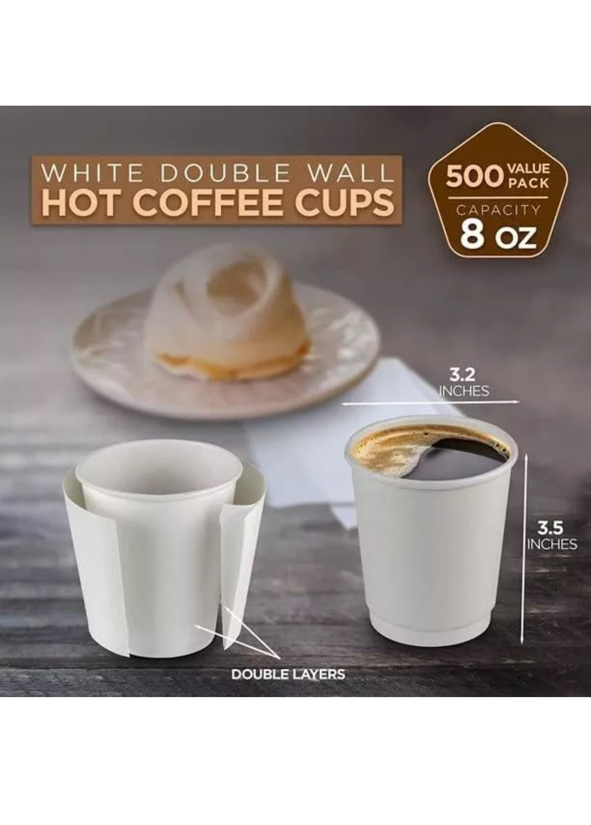 Disposable coffee Cups  White 8oz Double Wall Paper Cups (Pack 50)