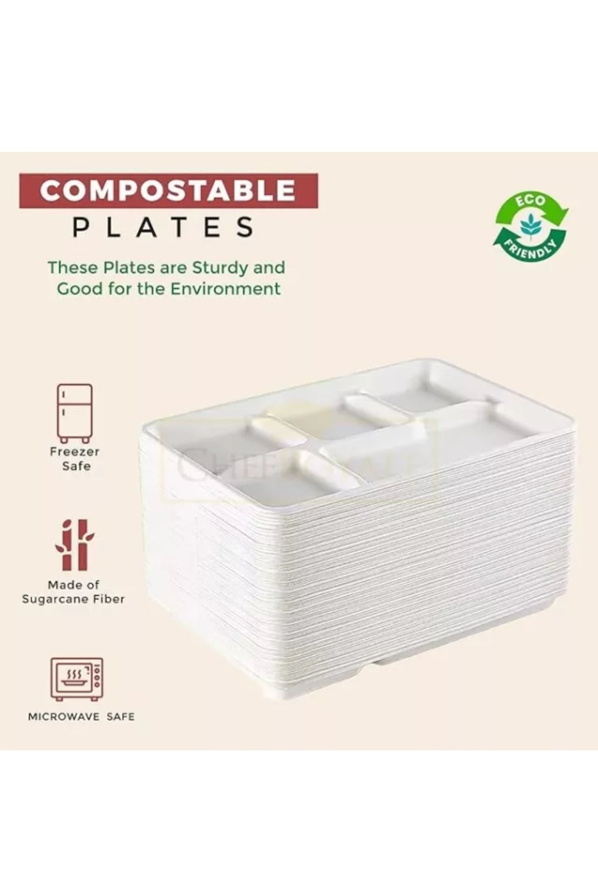 Ecoshin 5 compartment compostable/Bagasse meal tray (Pack of 25)